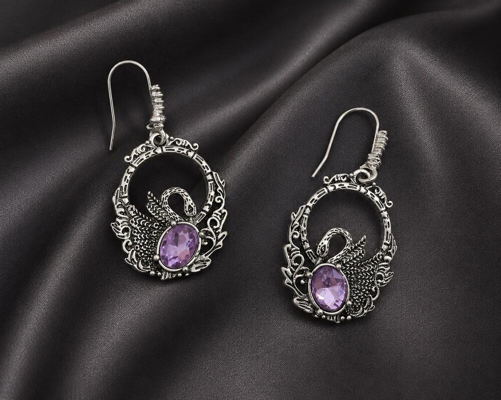 Silver Bird Swan Amethyst Earrings Filigree Gothic Boho VTG Antique Victorian CZ